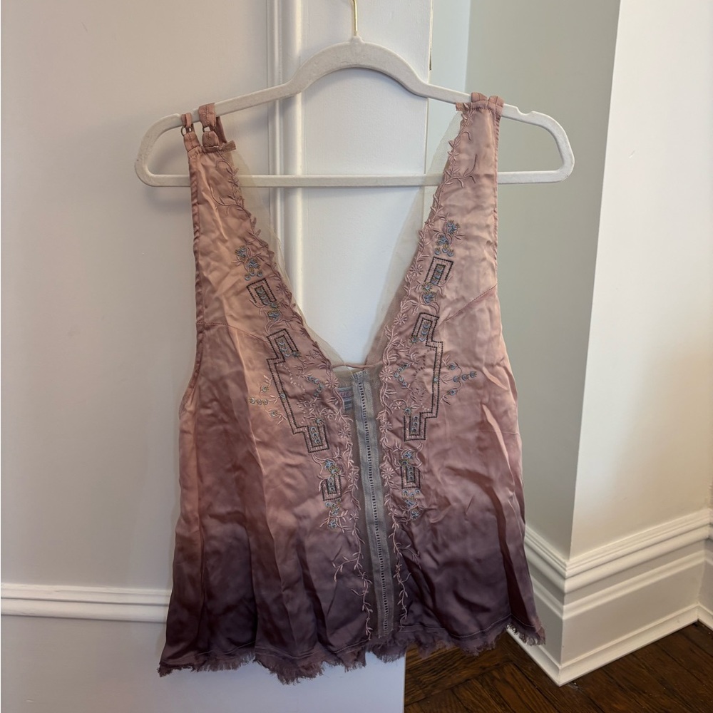 Kimchi Blue Pink to Brown Ombre Embroidered Silk Tank